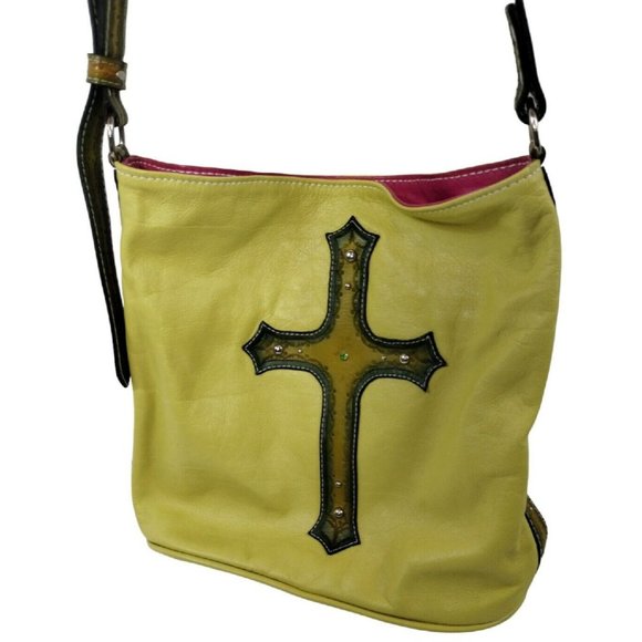 Leather Purse with Studded Religious Cross Crossbody Bag Chartreuse Yellow - Picture 4 of 13